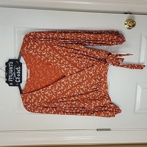 Lucky Brand Orange Floral Wrap Blouse